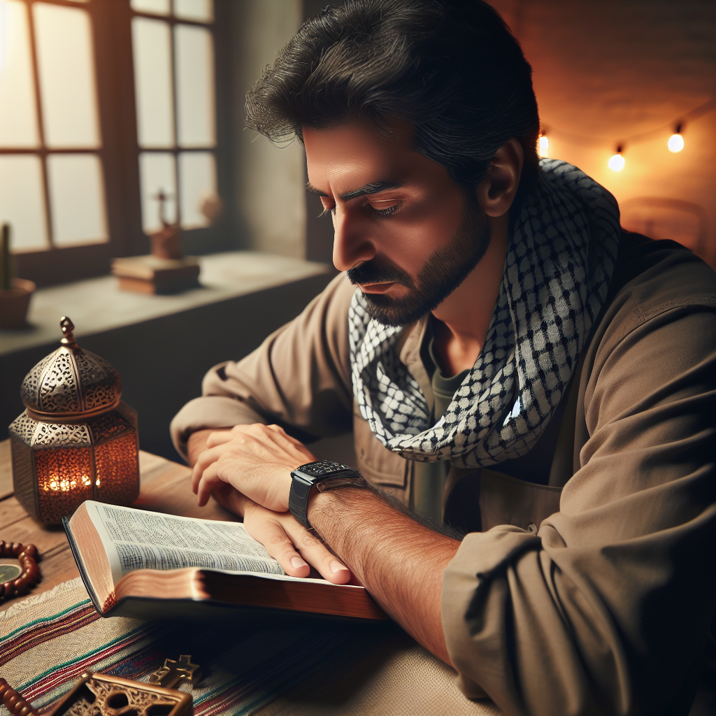 An individual exploring Christian faith, reading a Bible at a table with religious texts.