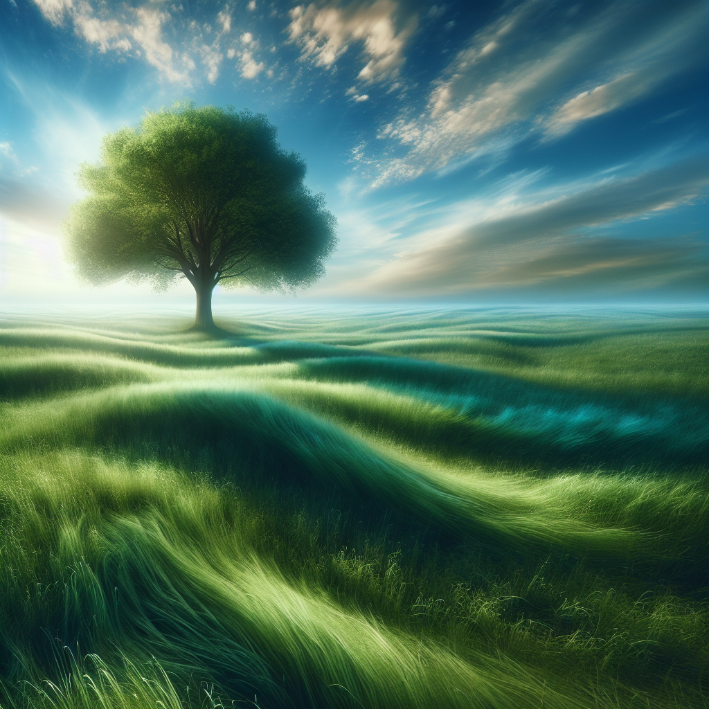 A serene landscape symbolizing spiritual growth with a flourishing tree in a vast field.