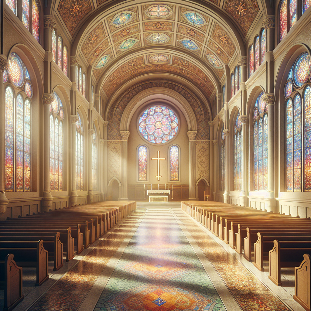 Interior of a peaceful church with stained glass windows and sunlight streaming in.