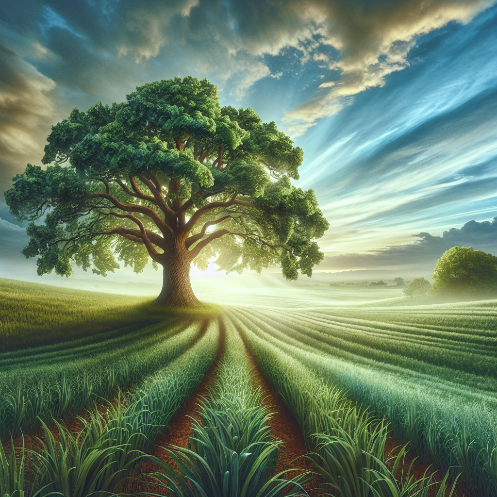 A realistic landscape with a large oak tree in a lush green field, symbolizing a journey of deepening Christian faith.