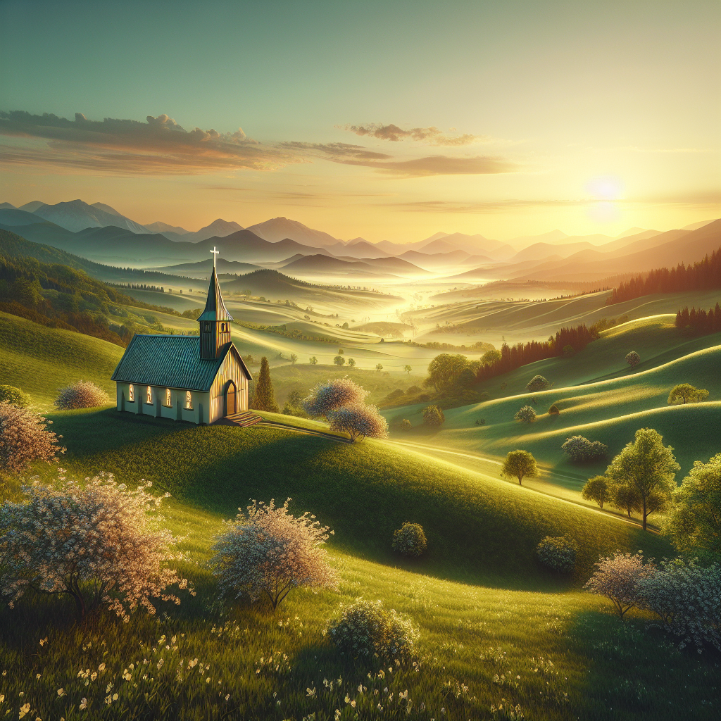 A serene landscape at sunrise with a chapel, capturing the essence of a spiritual journey in Christian faith.