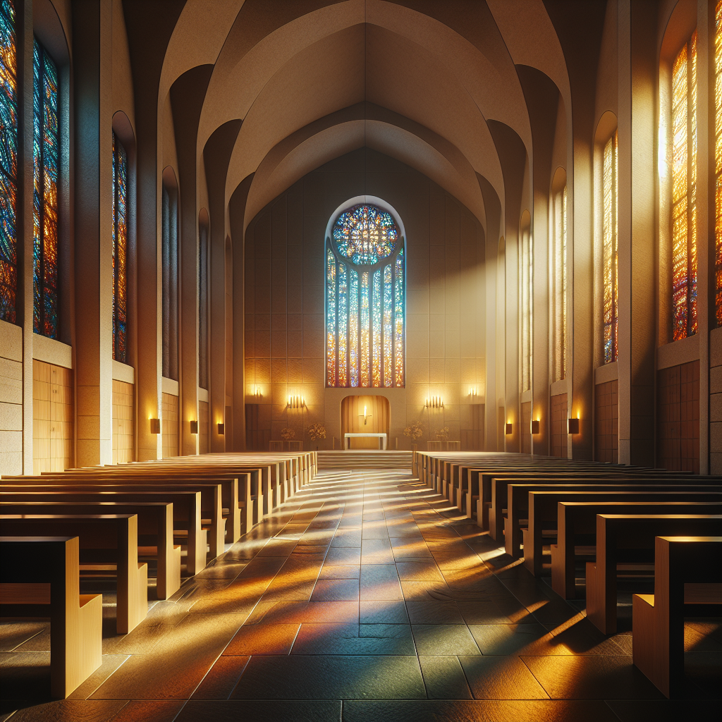 Interior of a peaceful chapel with stained glass windows casting colorful light patterns.