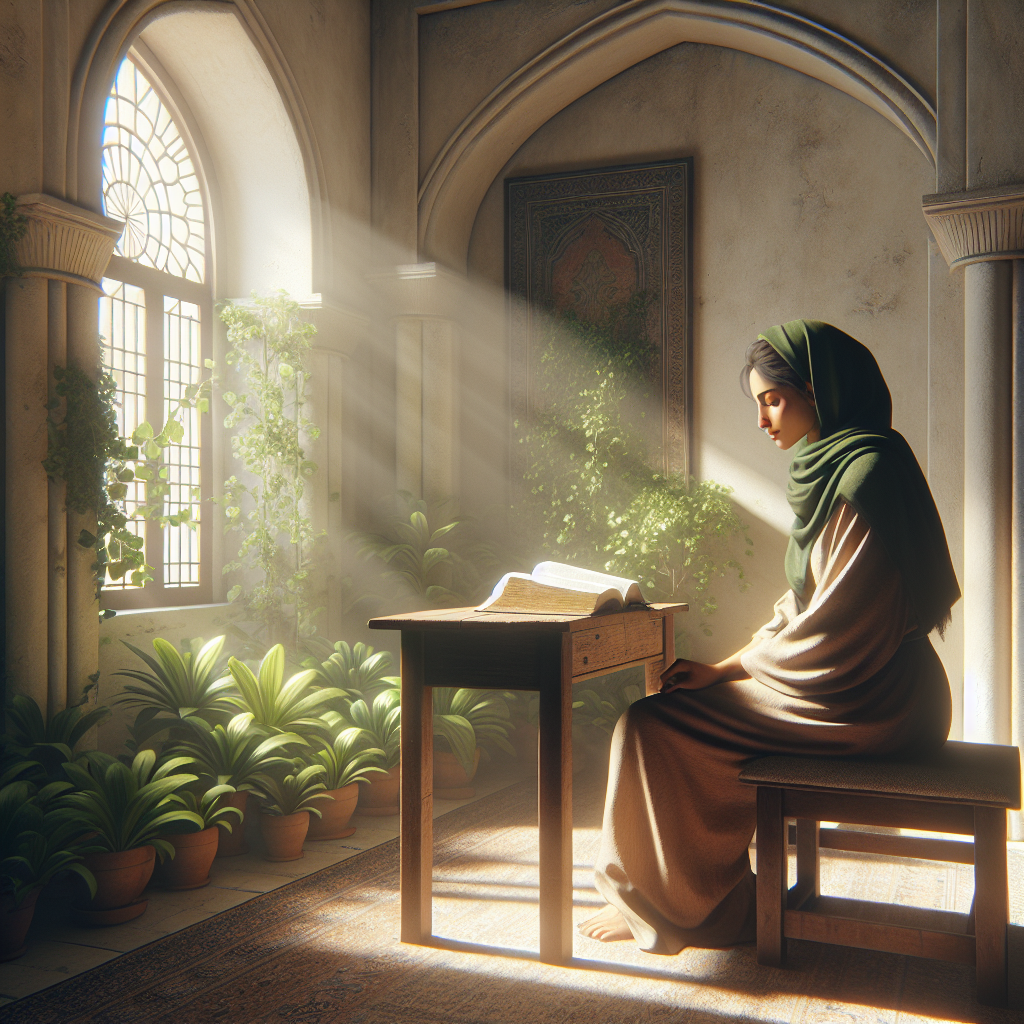 A serene Christian believer in a sunlit room, reflecting with an open Bible.