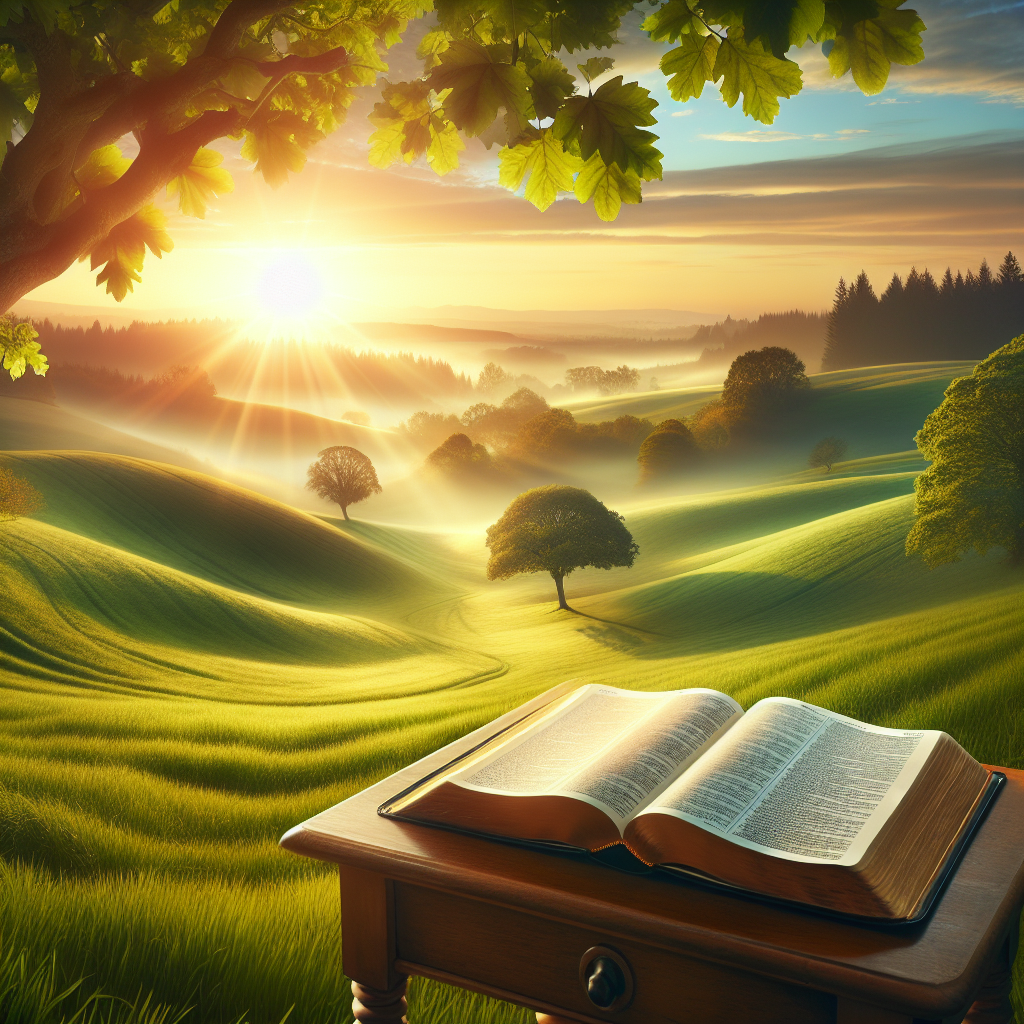 An illustration of a serene landscape with an open Bible in a peaceful setting symbolizing Christian faith exploration.