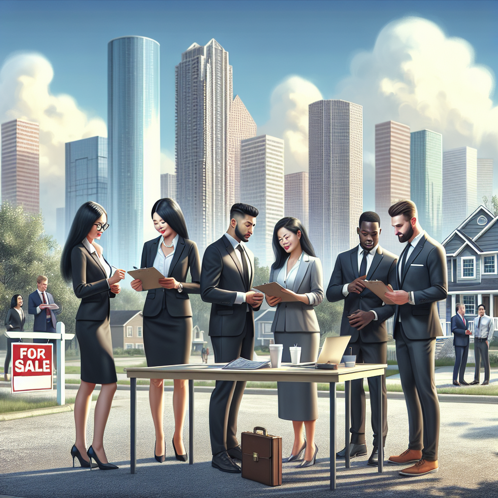 A lively Houston real estate scene with brokers engaging with clients against a city skyline.