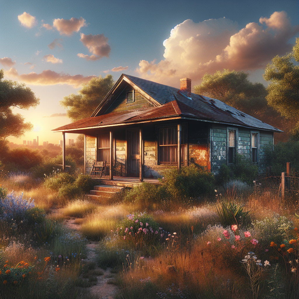 A foreclosed ranch-style home in a rural Texas landscape, set during sunset.
