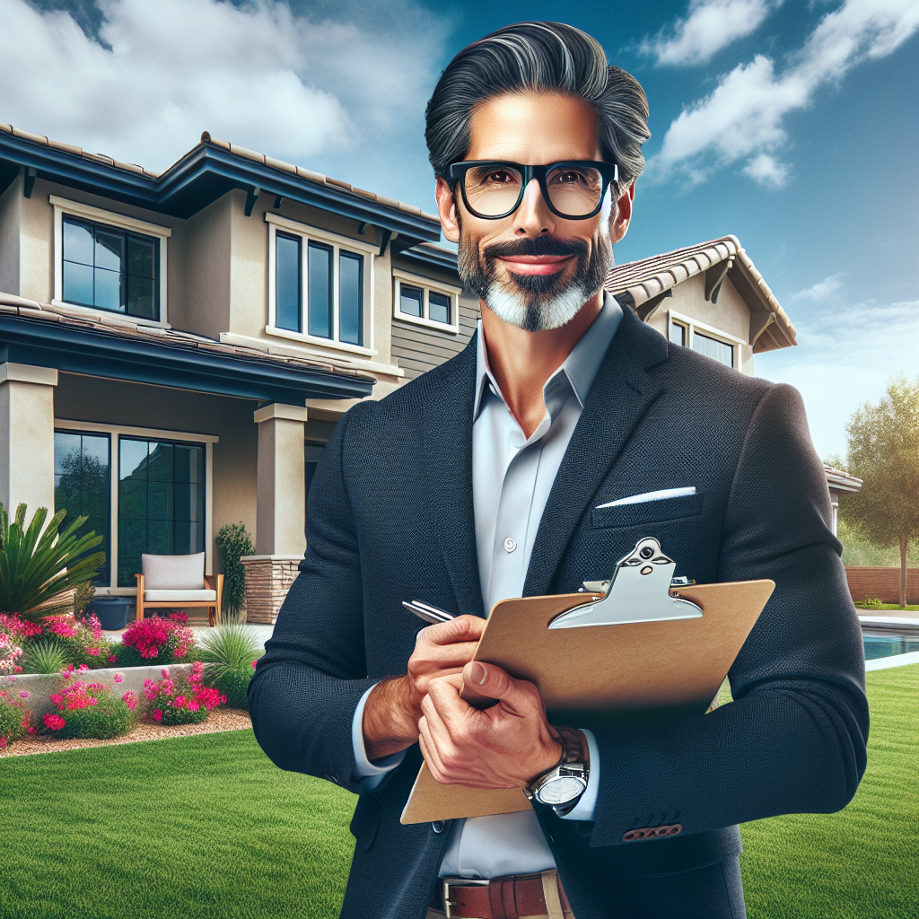 A professional Hispanic realtor in Texas standing outside a modern home.