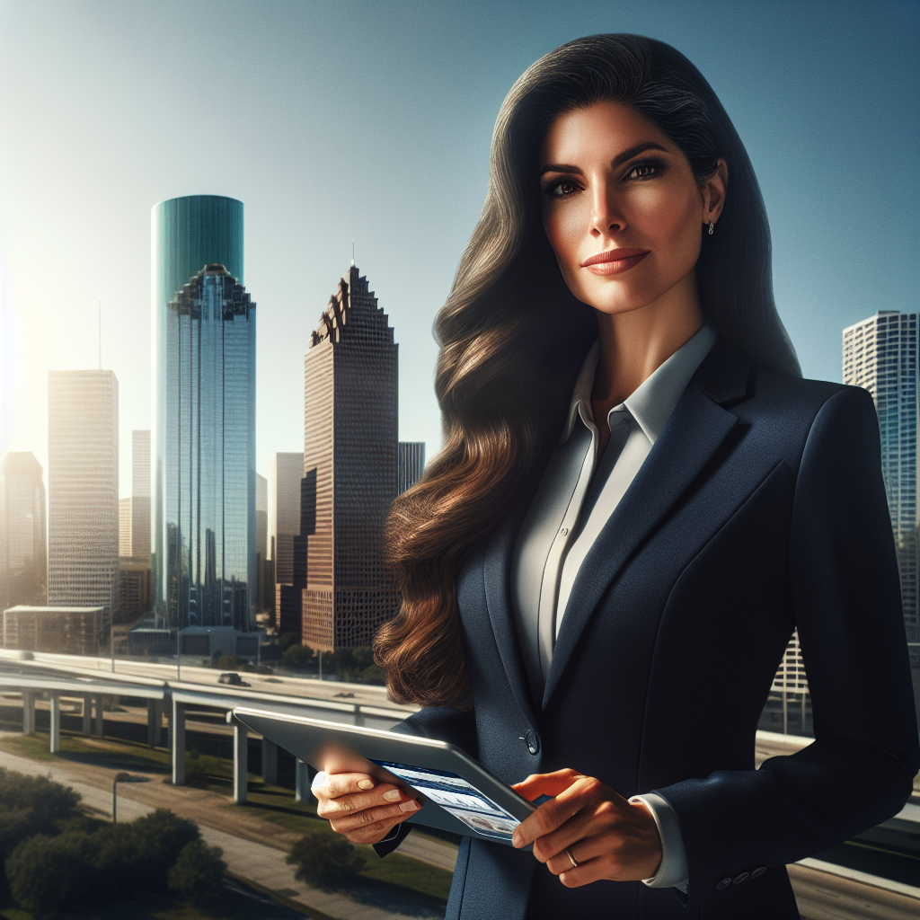 A professional real estate broker in Houston with a tablet against a city skyline.