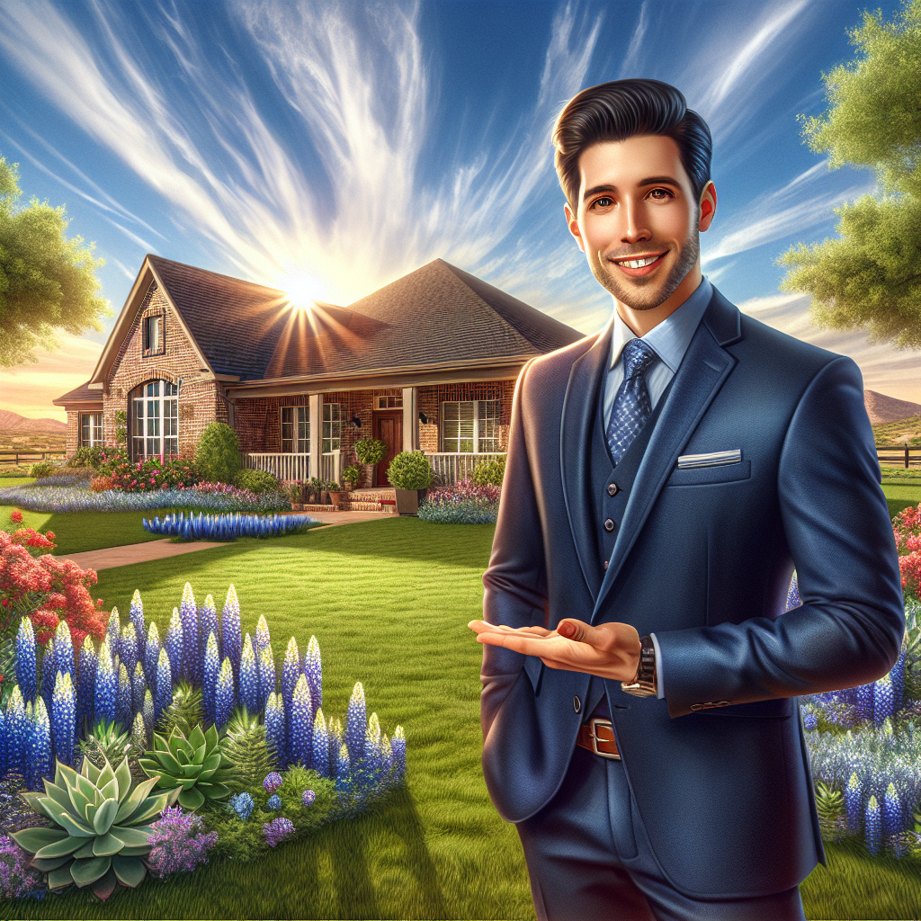 A Texas real estate scene with a realtor in front of a ranch-style house.