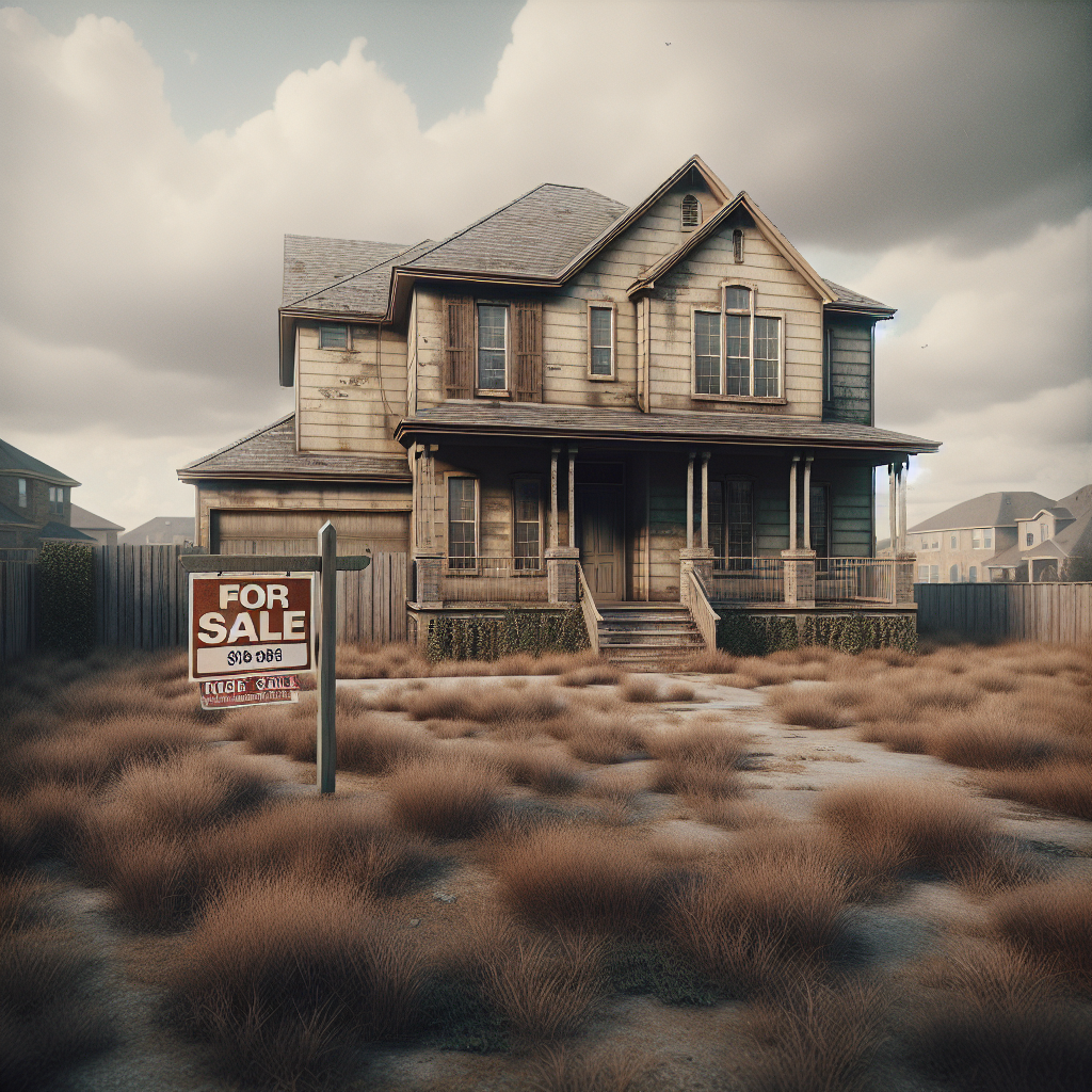 A foreclosed home in Texas, showcasing a two-story house with faded exterior paint and an unkempt lawn.