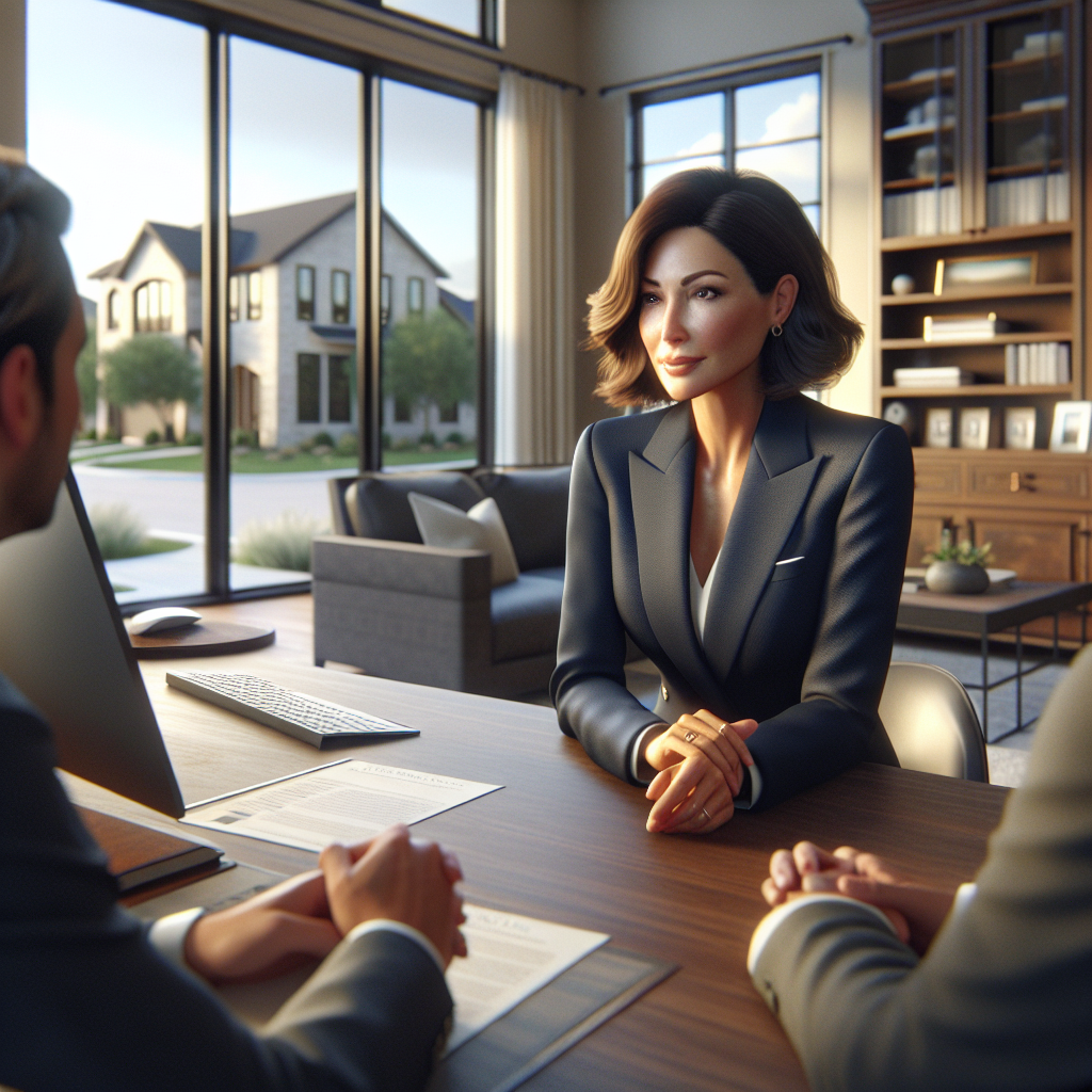 A Texas realtor in a professional office setting discussing with clients.