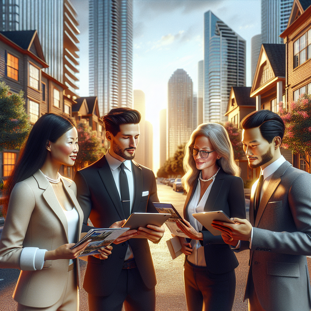 A busy street scene in Houston with diverse real estate brokers interacting with clients.