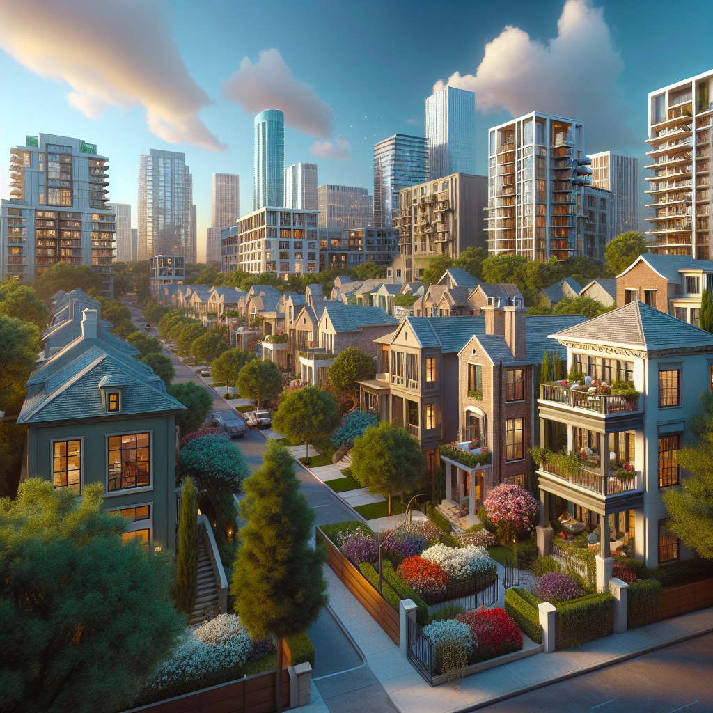 A vibrant neighborhood in Houston, with diverse houses, trees, and flower beds under a blue sky.