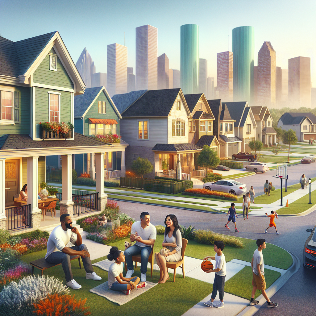 A vibrant neighborhood in Houston with families, modern homes, and a city skyline.