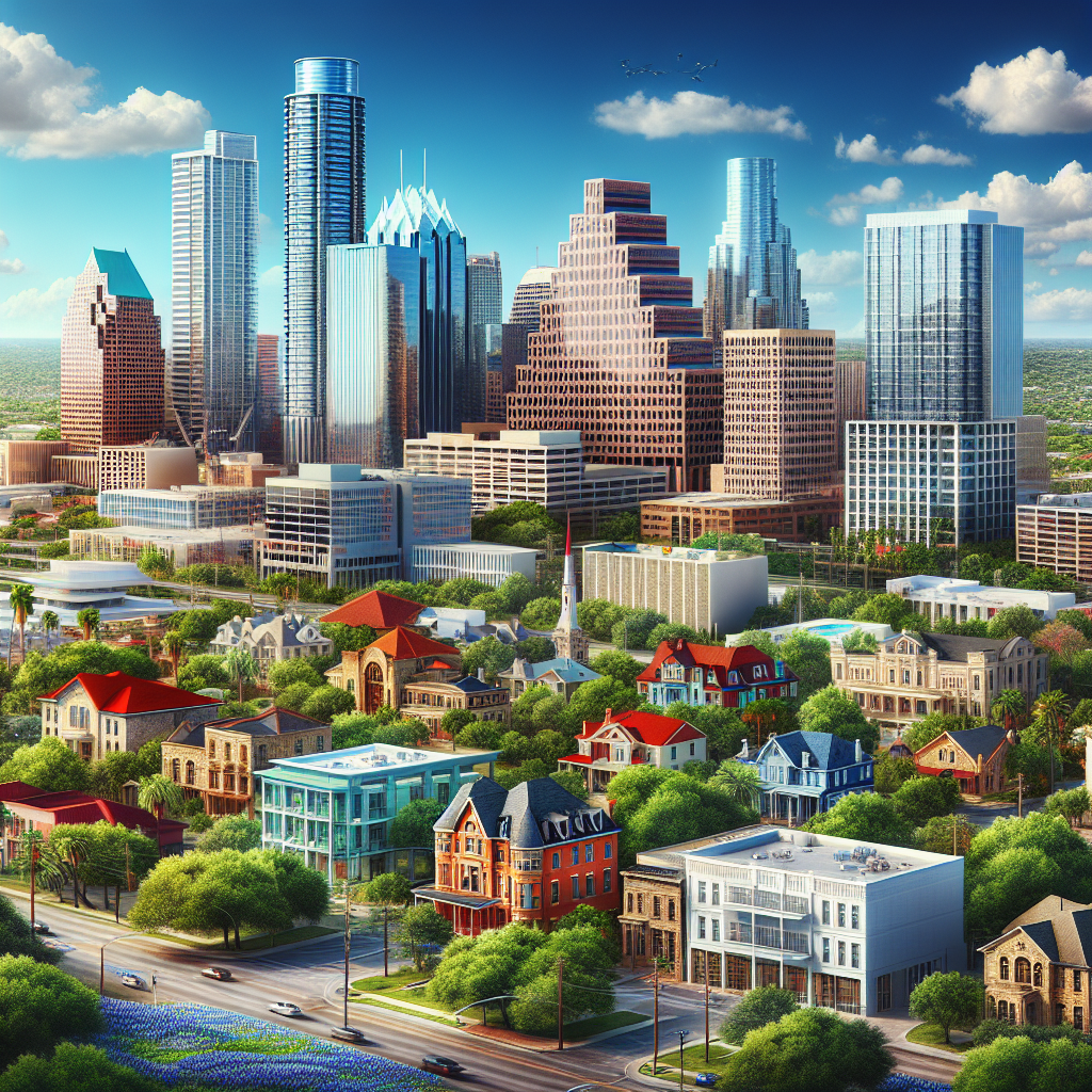 A bustling Texas city landscape with modern skyscrapers, residential homes, greenery, and a bright blue sky.
