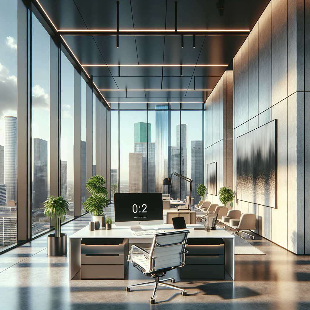 A modern commercial office space in Houston with large windows, sleek furnishings, and a professional atmosphere.