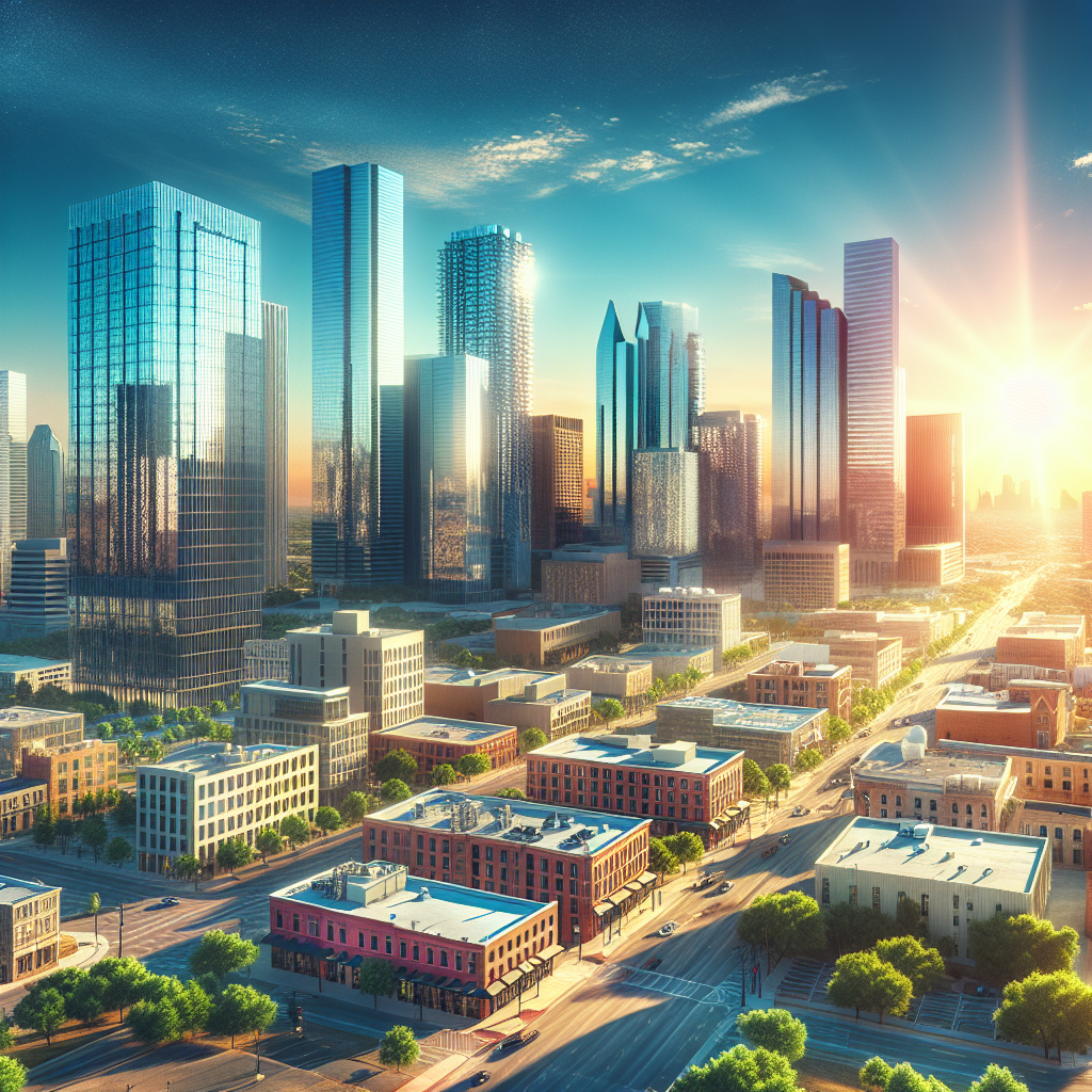 A skyline view of diverse commercial properties in Texas, including modern office buildings and retail spaces.