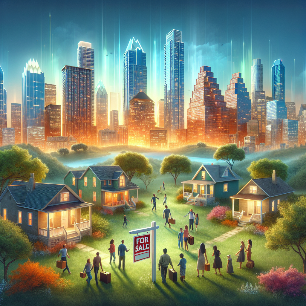 An illustration depicting the Texas real estate market with city skylines and families moving into homes.