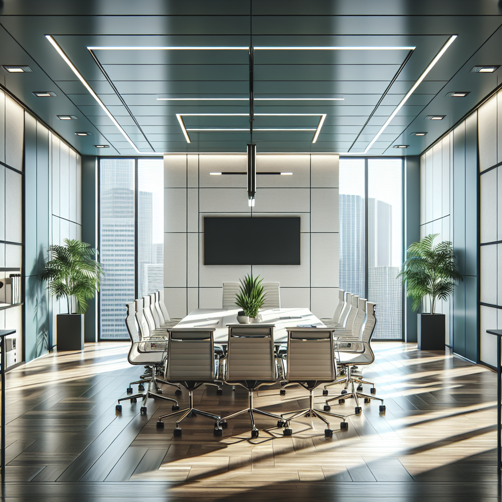 A modern office interior designed for commercial leasing, showcasing a spacious setup with a conference table and neutral colors.