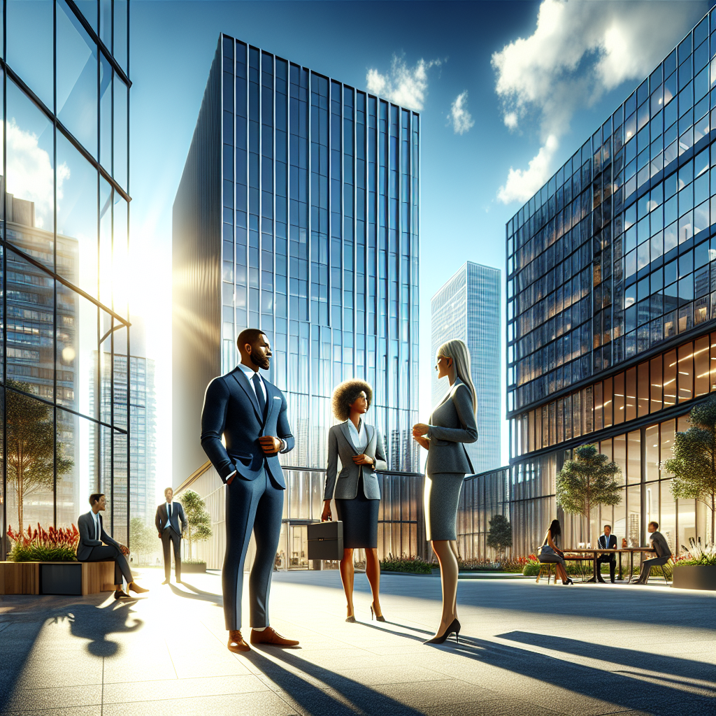 Business professionals discussing commercial property leasing in front of an office building in Houston.