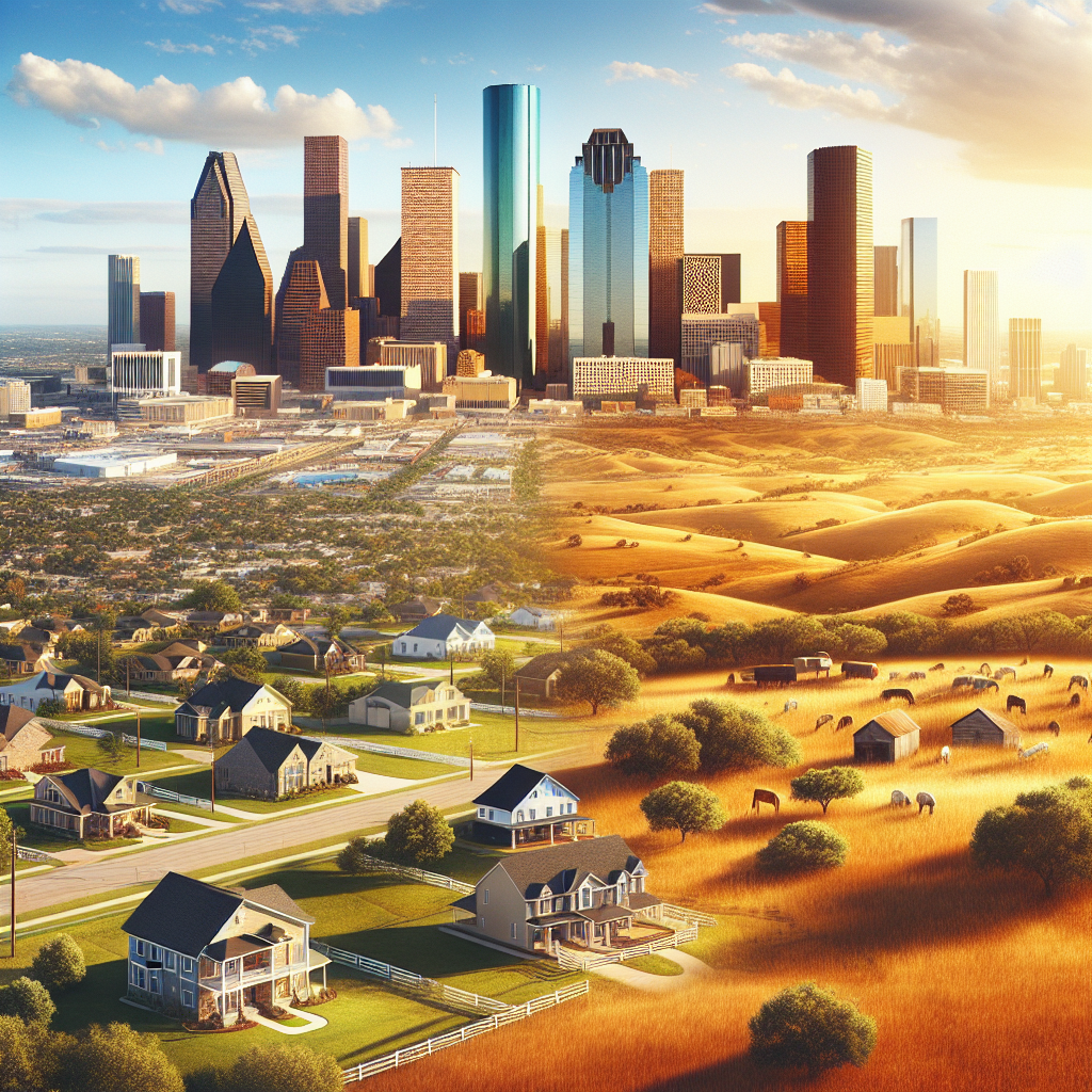 A diverse Texas real estate landscape with urban skyscrapers and tranquil countryside homes.