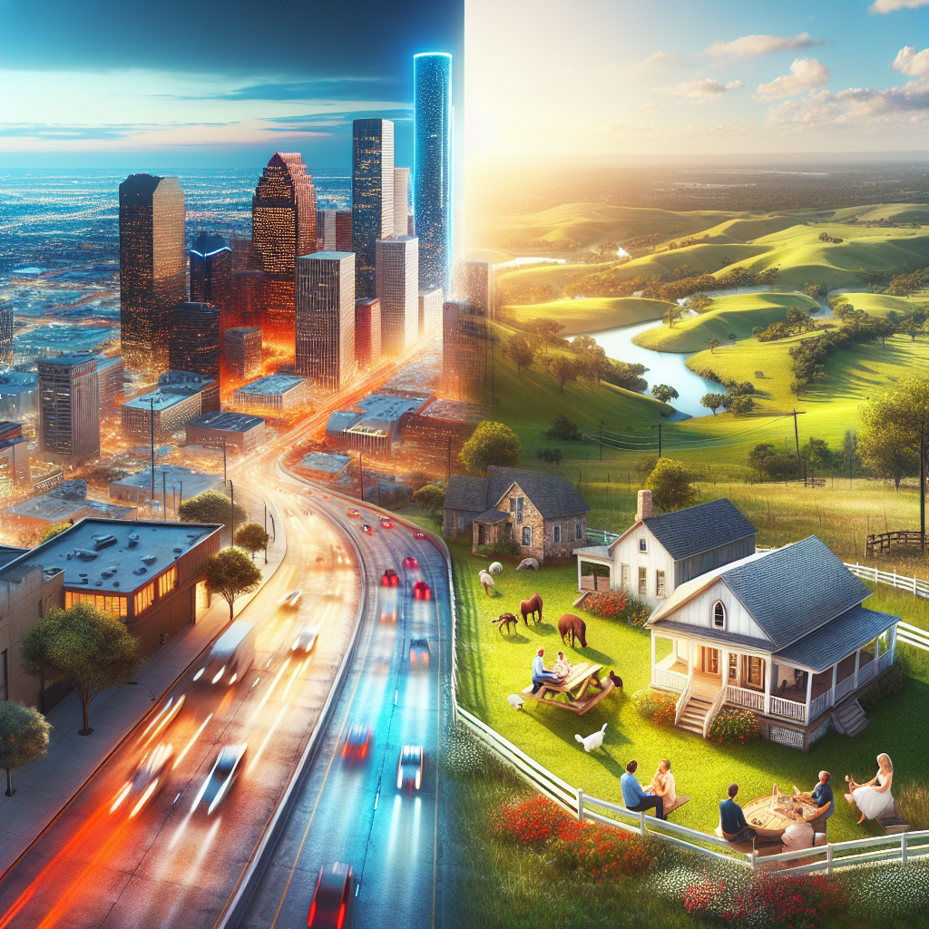 A visual contrast between Texas urban centers and serene rural landscapes.