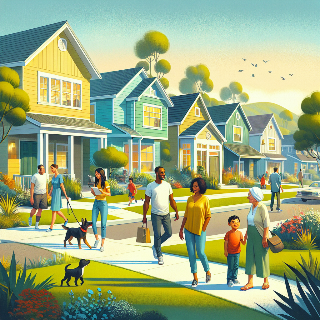 A lively suburban neighborhood in Houston with diverse people and modern homes.