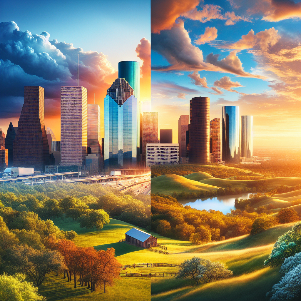 A split landscape showing the urban skyline of Houston and the countryside of Texas Hill Country.