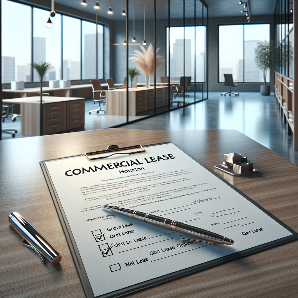 A realistic depiction of a commercial lease agreement on a table beside a modern office space, with a Houston skyline in the background.