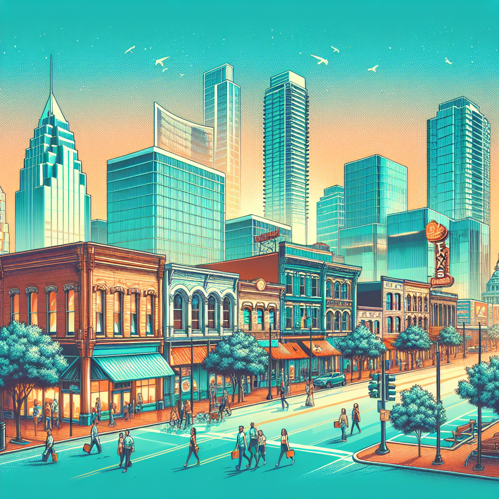 A bustling urban scene representing the commercial property market in Texas with modern buildings and a lively atmosphere.