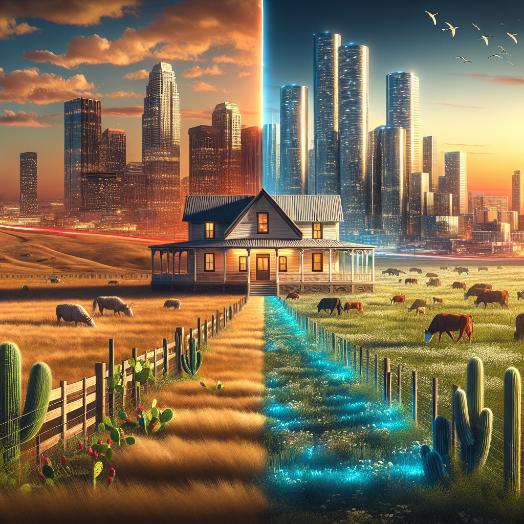 A split scene showing a Texas ranch on one side and a modern urban apartment on the other.