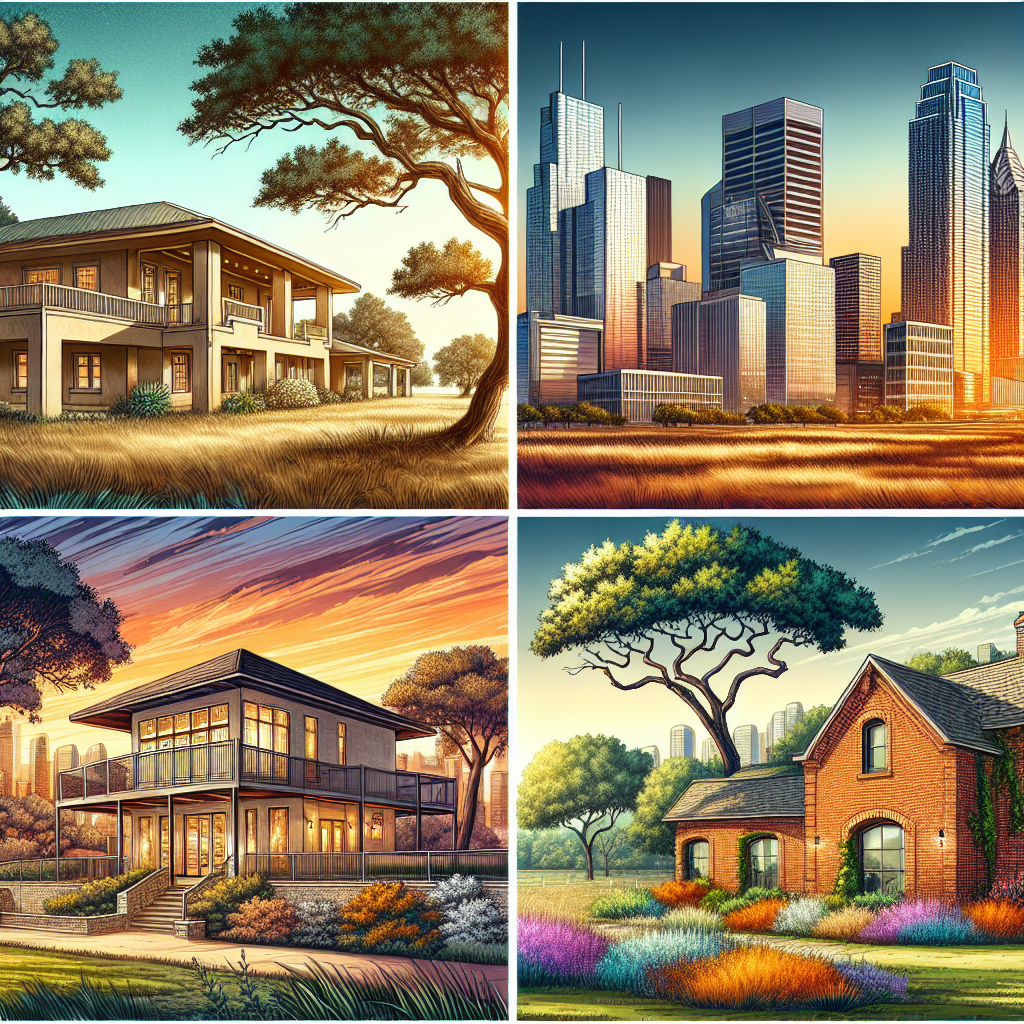A diverse representation of Texas homes including a ranch-style house, a modern apartment, and a cozy cottage.
