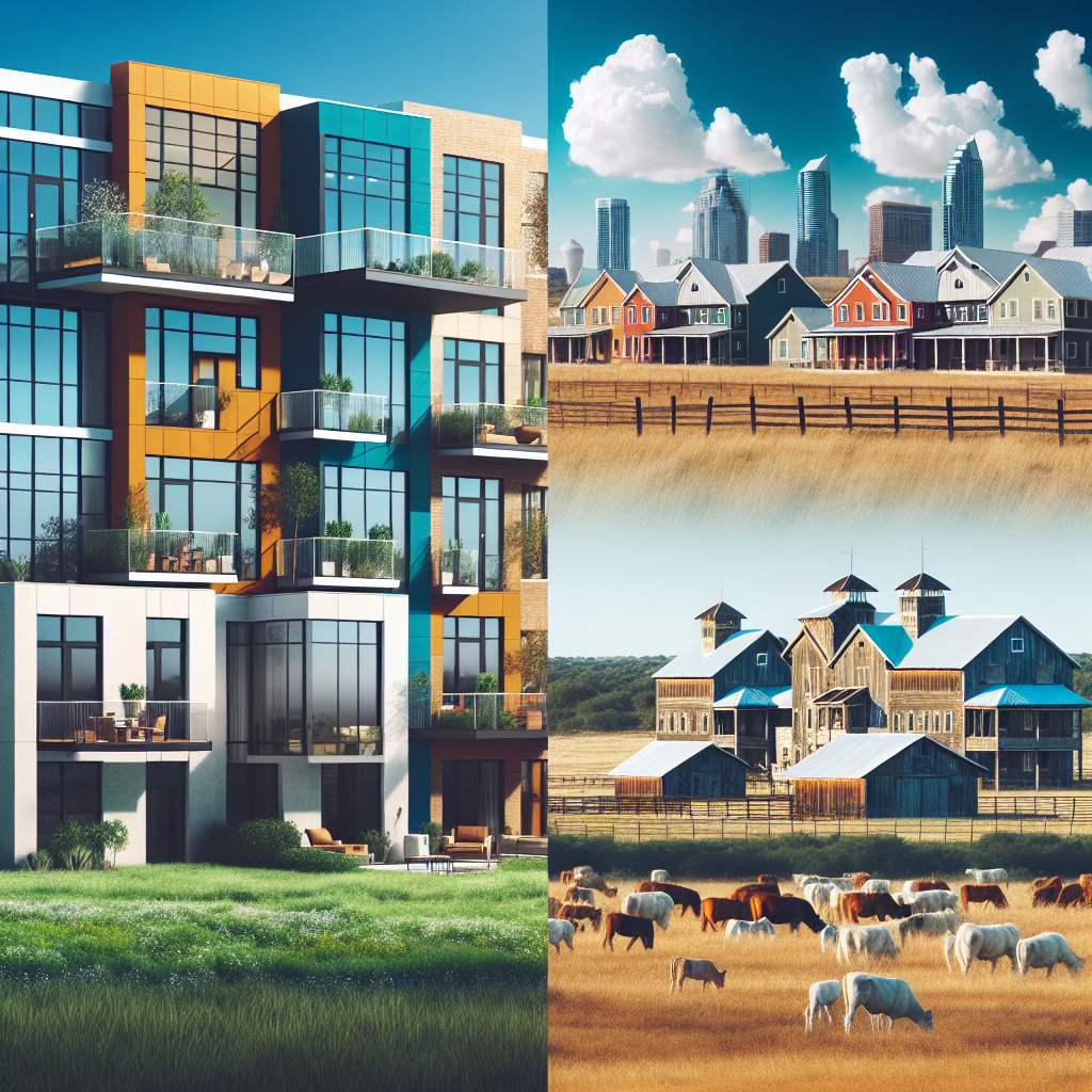 A realistic depiction of the Texas real estate market showing urban apartments and sprawling ranches.