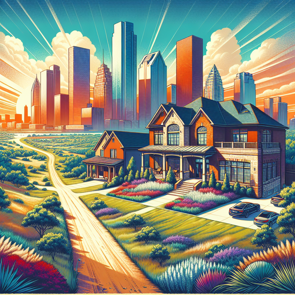A vibrant Texas landscape with investment properties including homes and a city skyline.