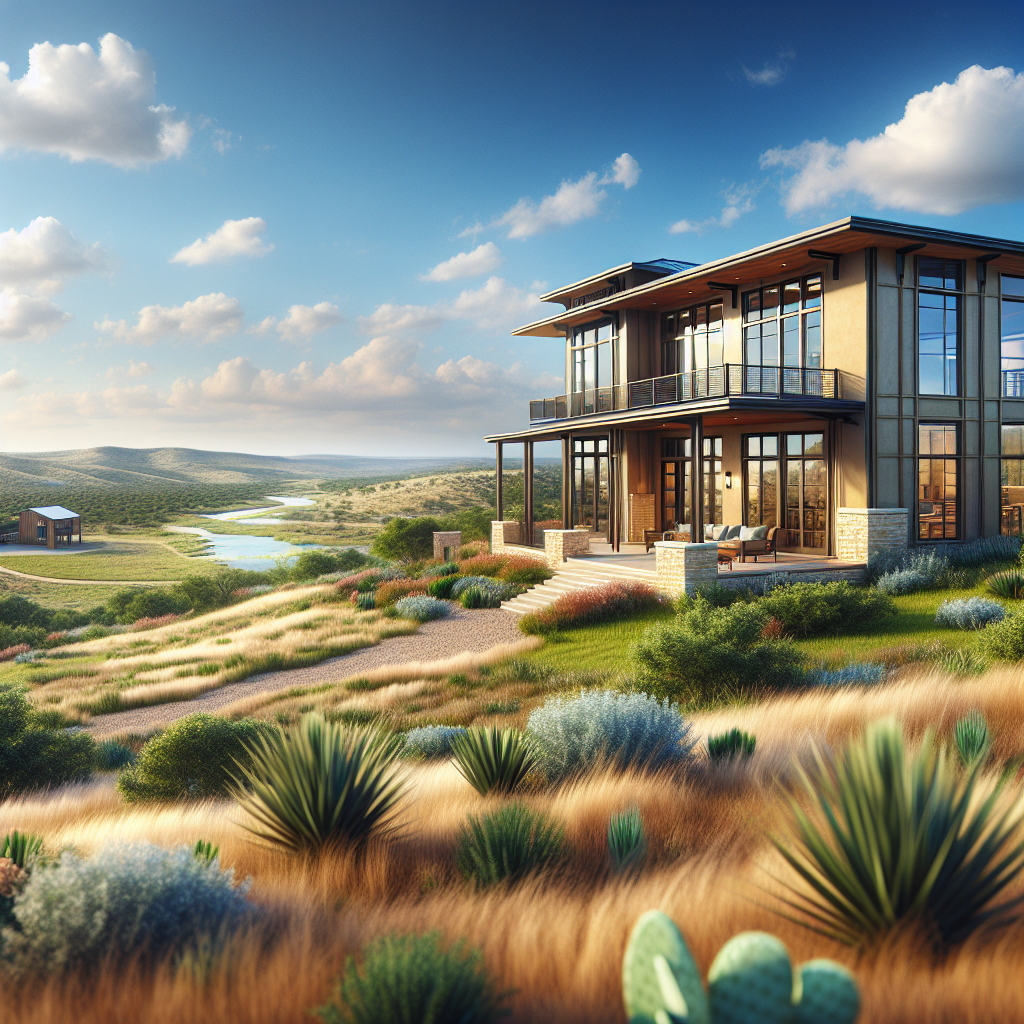 A modern investment property in a Texas landscape with blue sky and rolling hills.