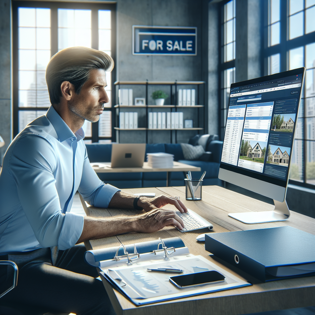 A man in a blue shirt analyzing real estate listings in a bright modern office.