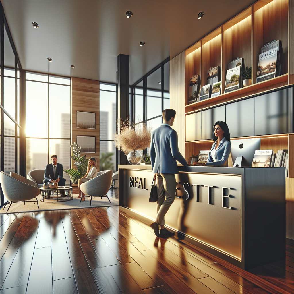 A modern real estate office with an agent assisting clients.