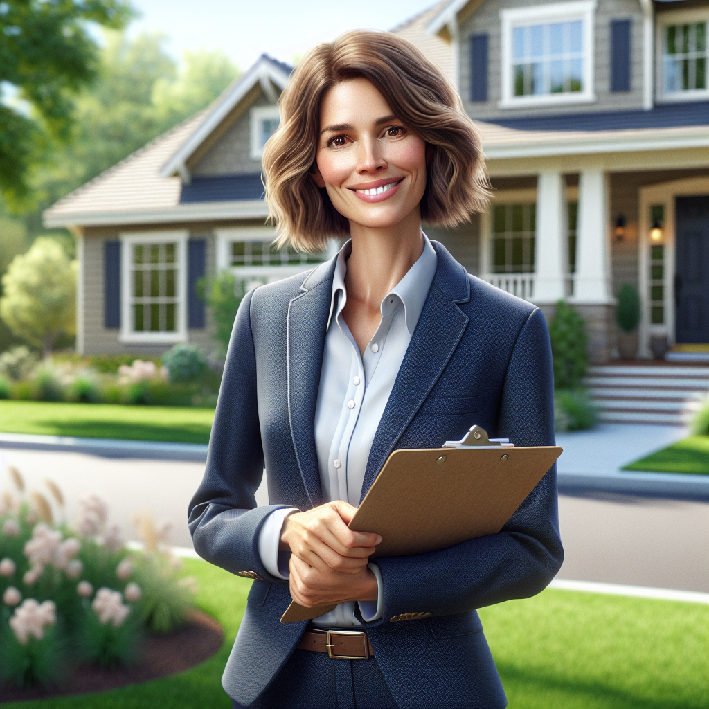 A friendly real estate agent standing in front of a suburban house.