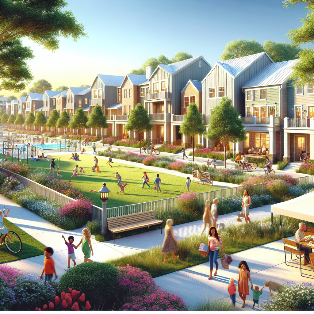 A vibrant Houston neighborhood showcasing various homes and a family-friendly park.
