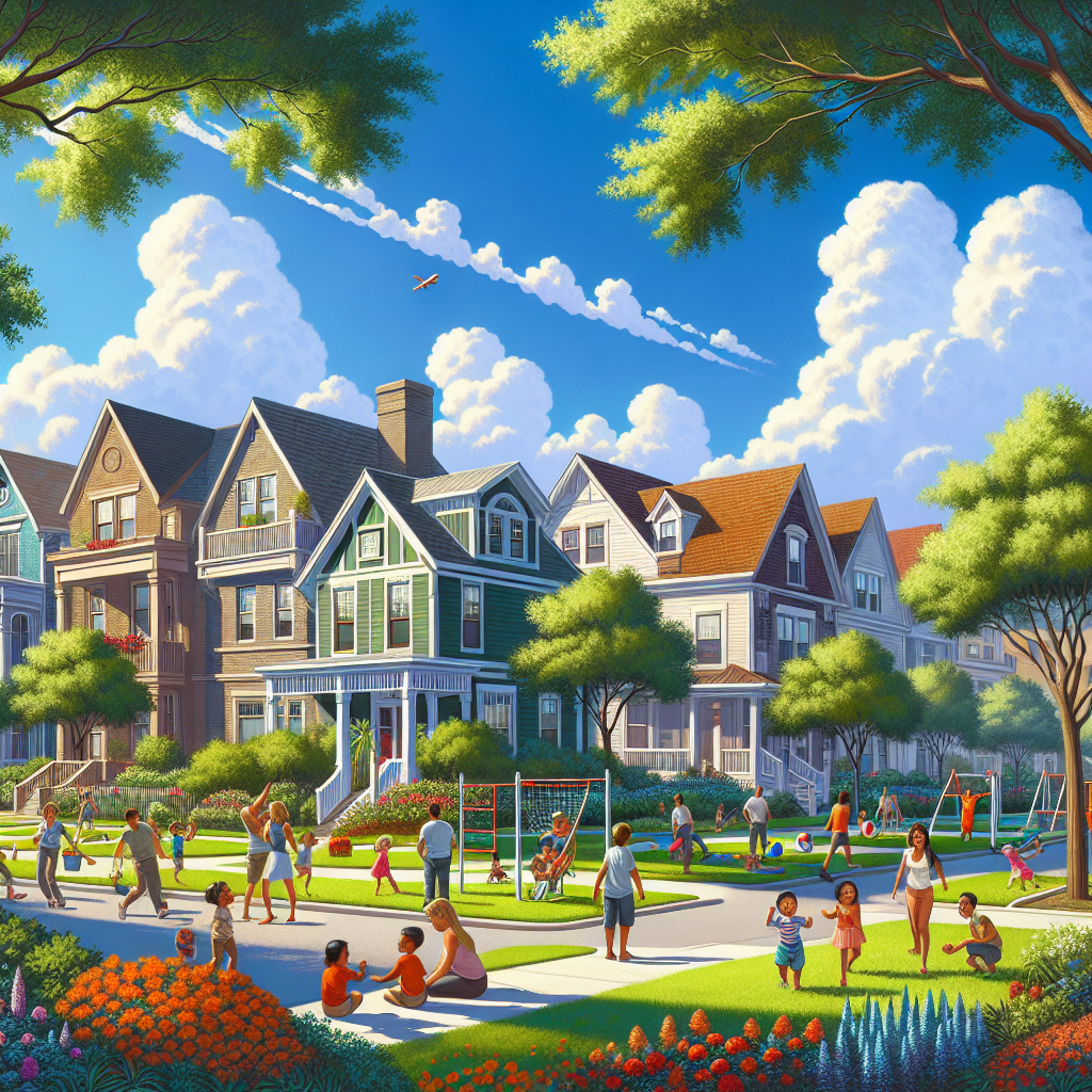 A vibrant illustration of a Houston neighborhood with diverse home styles and families enjoying outdoor activities.