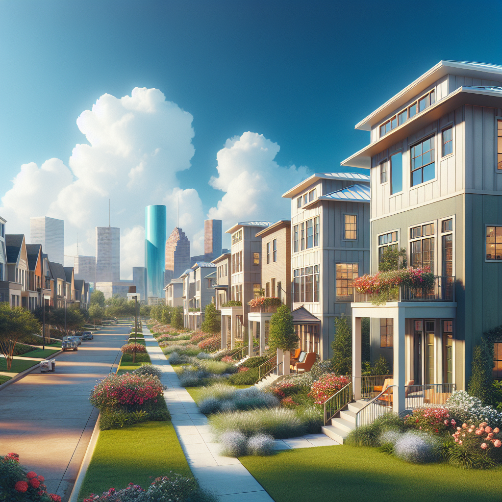 A vibrant neighborhood in Houston with various new homes for sale.