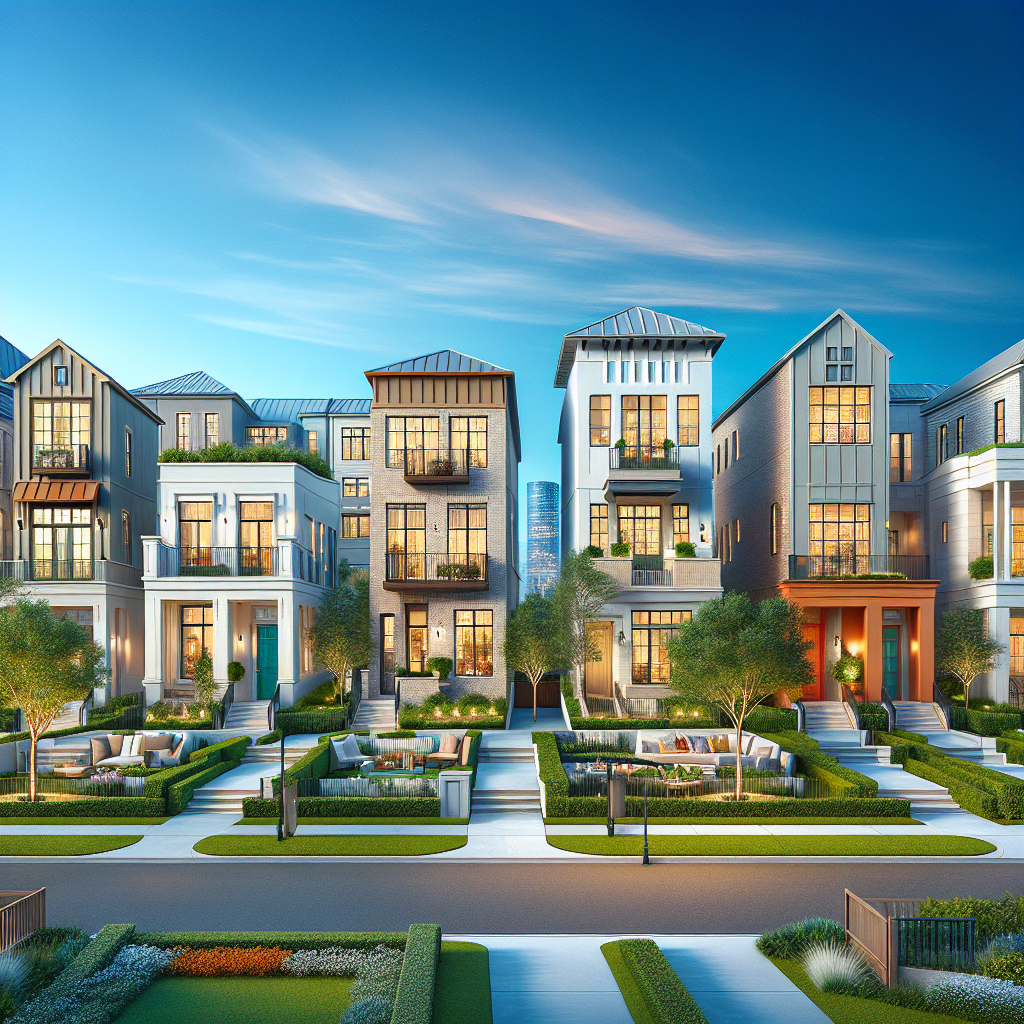 A variety of new homes for sale in Houston, featuring different architectural styles and vibrant landscapes.