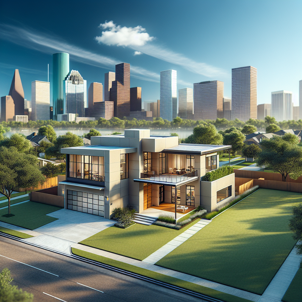 A modern new home in Houston with a contemporary design and the skyline in the background.
