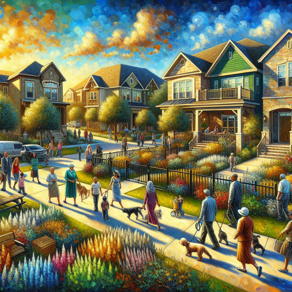 A bustling Houston neighborhood with diverse homes and people engaging in activities.