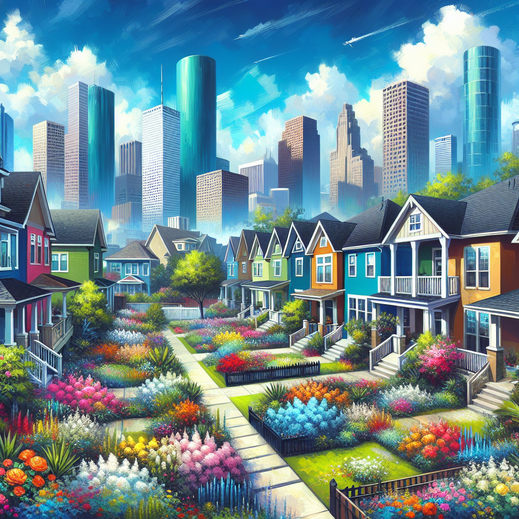 A picturesque neighborhood in Houston with colorful homes and a clear skyline.