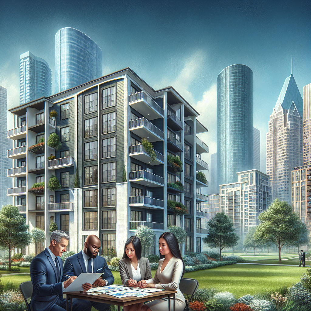 Diverse professionals discussing property management in front of a modern apartment building with a Houston skyline in the background.