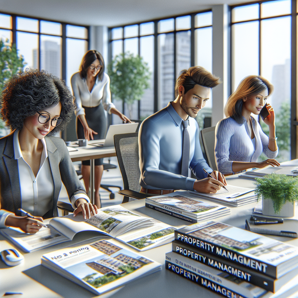A diverse group of people in a modern office discussing property management services.