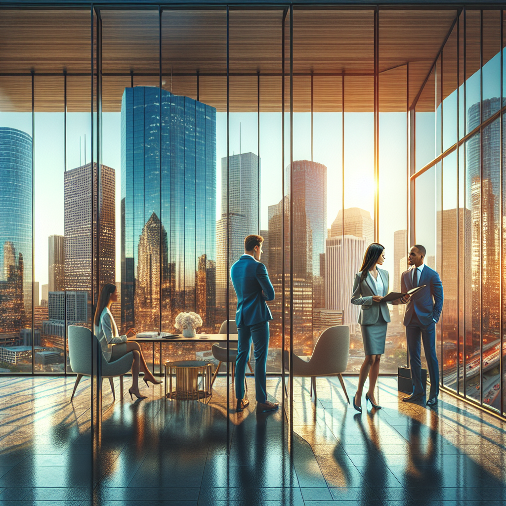 A bustling property management office in Houston with diverse people discussing rental properties.