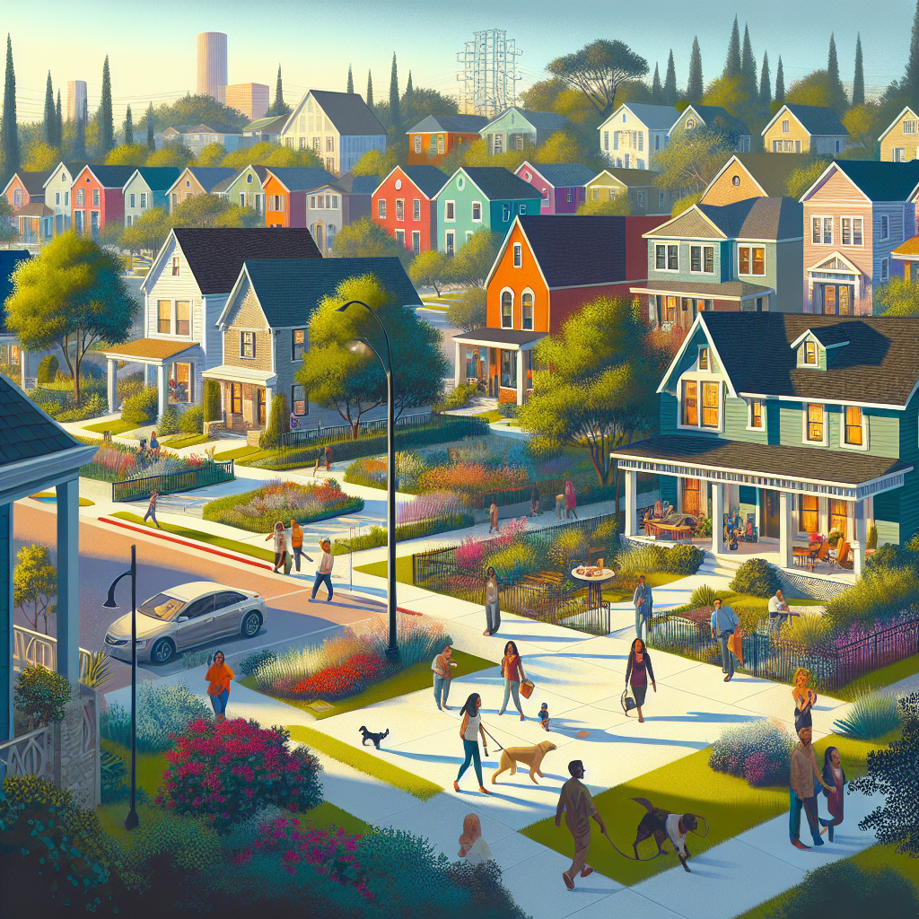A vibrant neighborhood scene in Houston, showcasing colorful houses and a diverse community.