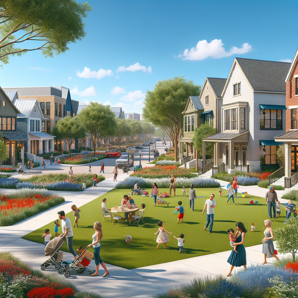 A vibrant Houston neighborhood with diverse homes, families enjoying a park, and a lively street scene.